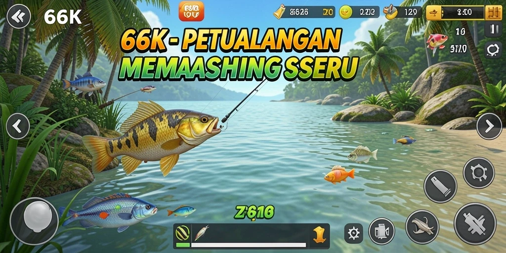 Screenshot gameplay 66K memperlihatkan pengalaman memancing yang mendebarkan.