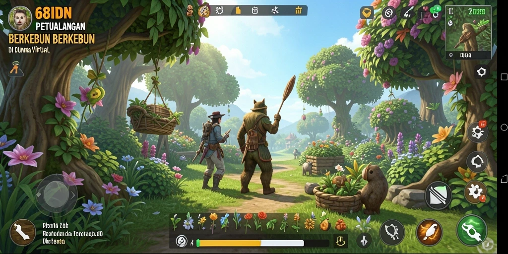 Screenshot gameplay 68IDN menampilkan kebun yang subur dan hewan ternak.
