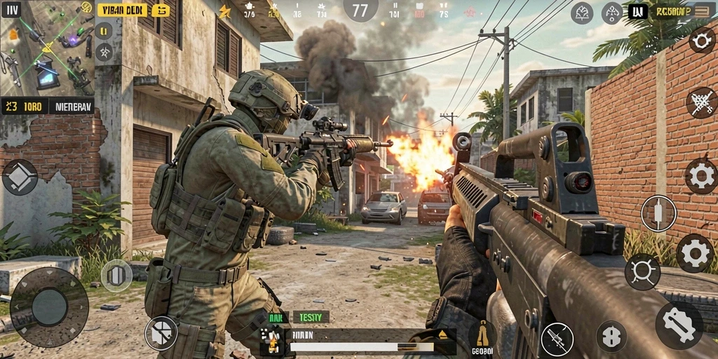 Gameplay intens dalam 77RP yang menampilkan aksi tembak-menembak.