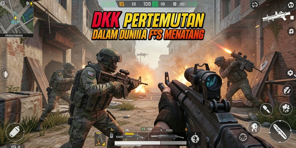 Screenshot DKK menunjukkan aksi intens dalam dunia FPS yang dinamis.