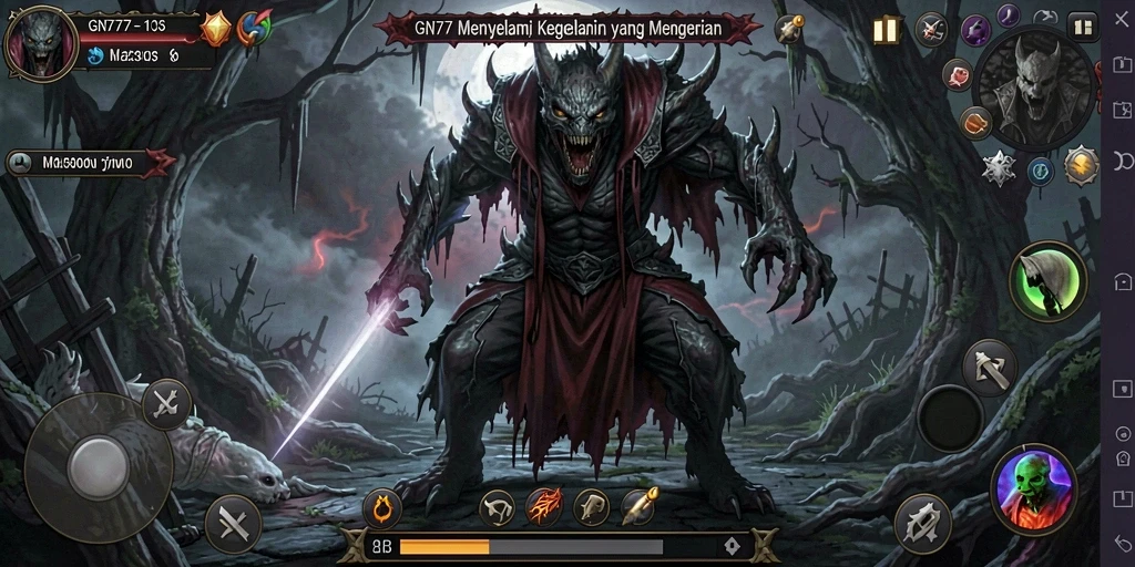 Tampilan gameplay menakutkan di GN777 dengan monster yang mengerikan.