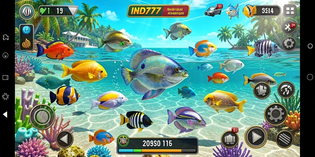 Tampilan gameplay IND777 menampilkan aksi menembak ikan yang seru dan penuh warna.
