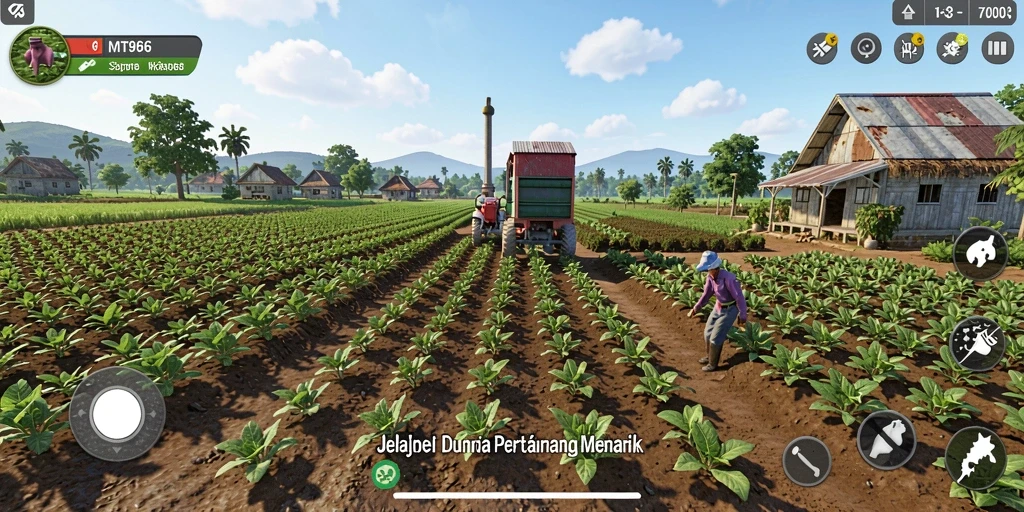 Screenshot MT966 menunjukkan pemain mengelola ladang dengan berbagai tanaman.