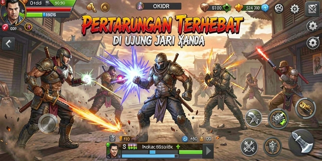Screenshot gameplay OKIDR menampilkan pertarungan seru antara karakter-karakter yang kuat.
