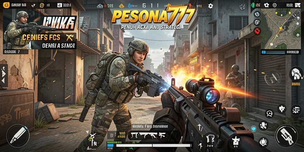 Screenshot utama PESONA77 menampilkan aksi menembak intens dan peta yang menarik.