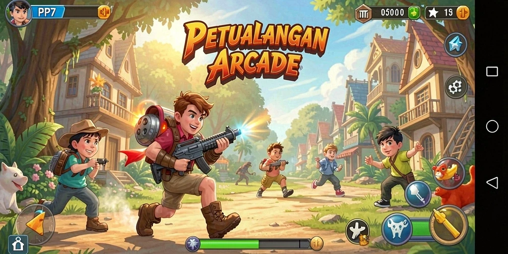 Screenshot gameplay PP7 menampilkan karakter melawan rintangan penuh warna.