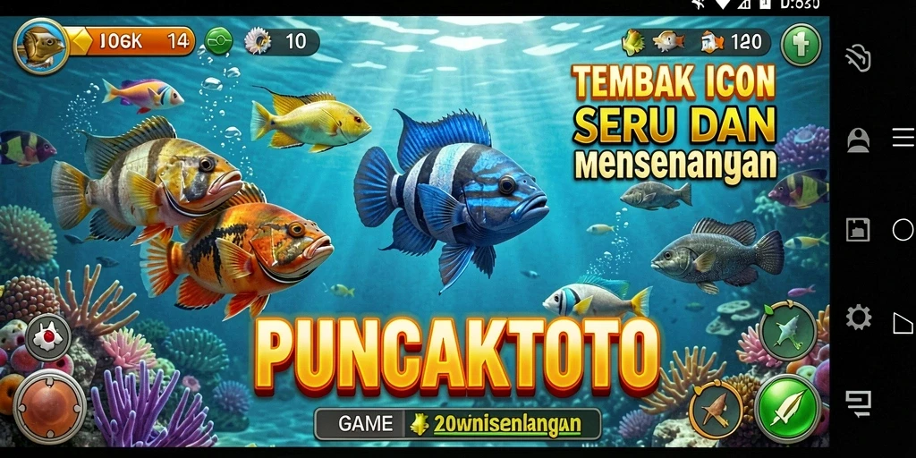 Tampilan gameplay seru dari PUNCAKTOTO dengan beragam ikan menarik.