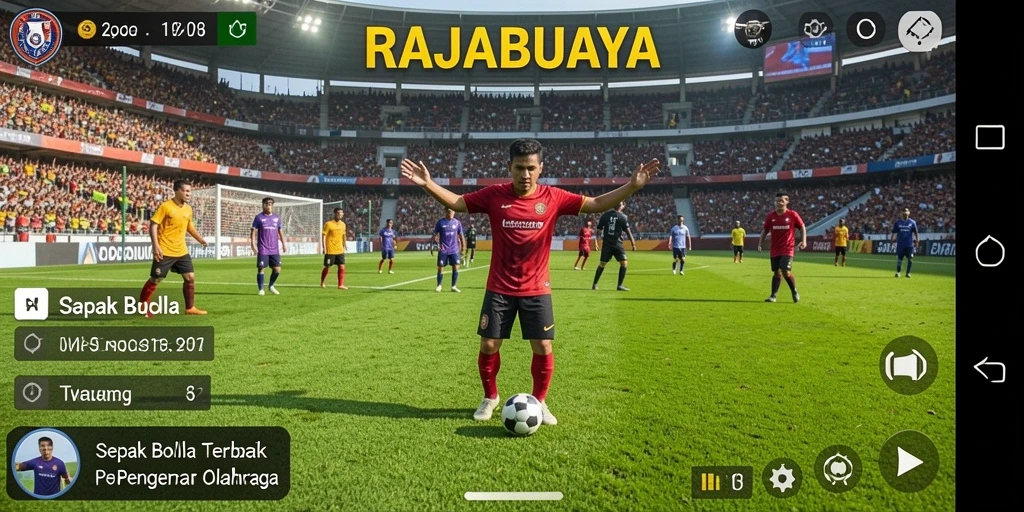 Tangkapan layar menunjukkan aksi mendebarkan dalam game sepak bola RAJABUAYA.