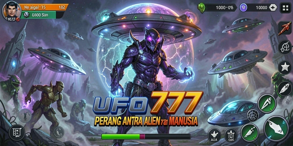 Tampilan gameplay seru di UFO777 dengan pertempuran antara alien dan manusia.